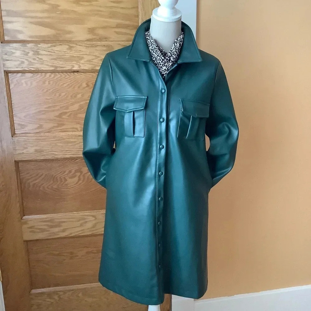 HILARY MACMILLAN Forest Green Vegan Faux Leather Shirt Dress Midi M - Picture 2 of 13